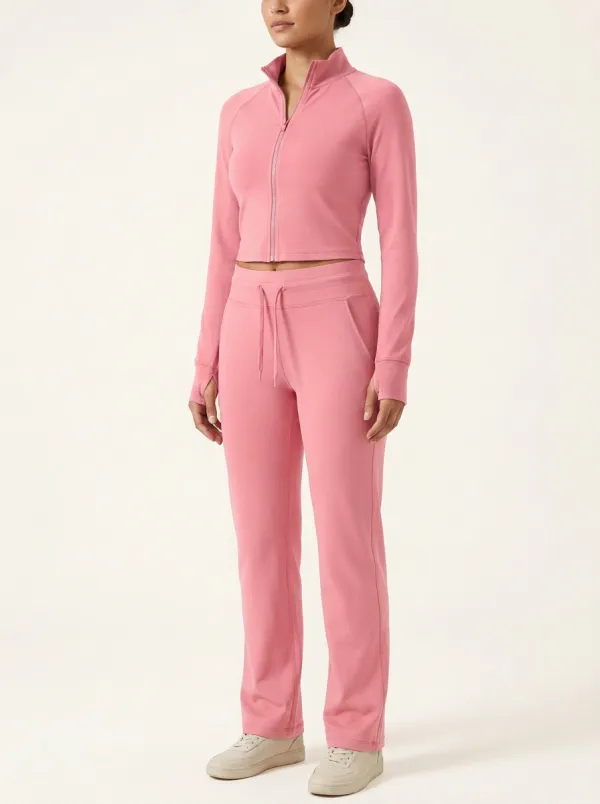 Women's Stand-Collar Zip-Up Cropped Jacket and Straight-Leg Pant Set