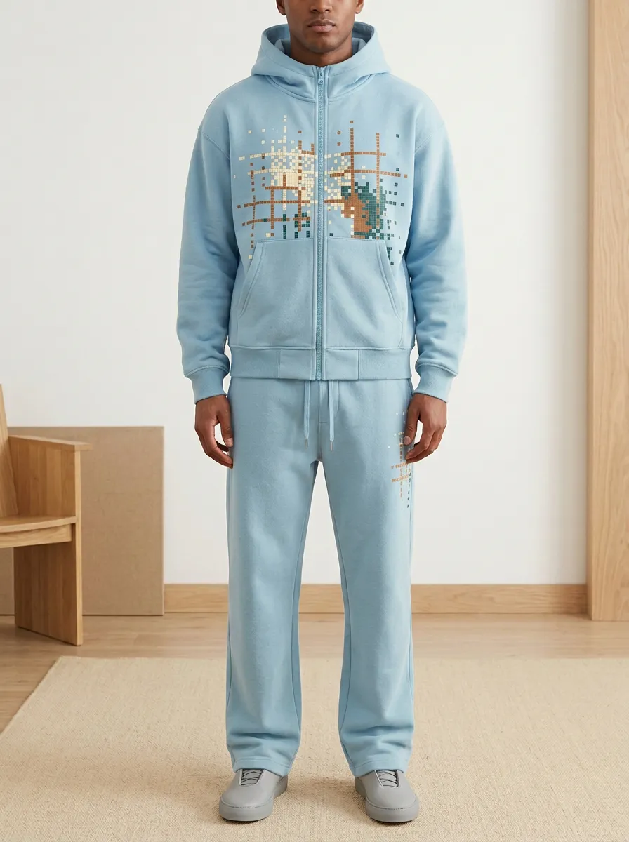 Men's Techwear Pixel Grid Printed Zip-up Hoodie Sweatpants Set