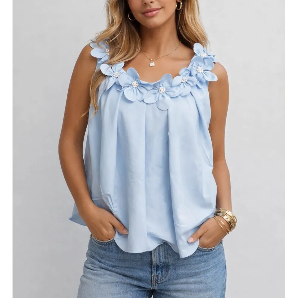 D Flower Round Neck Solid Color Sleeveless Tank Top