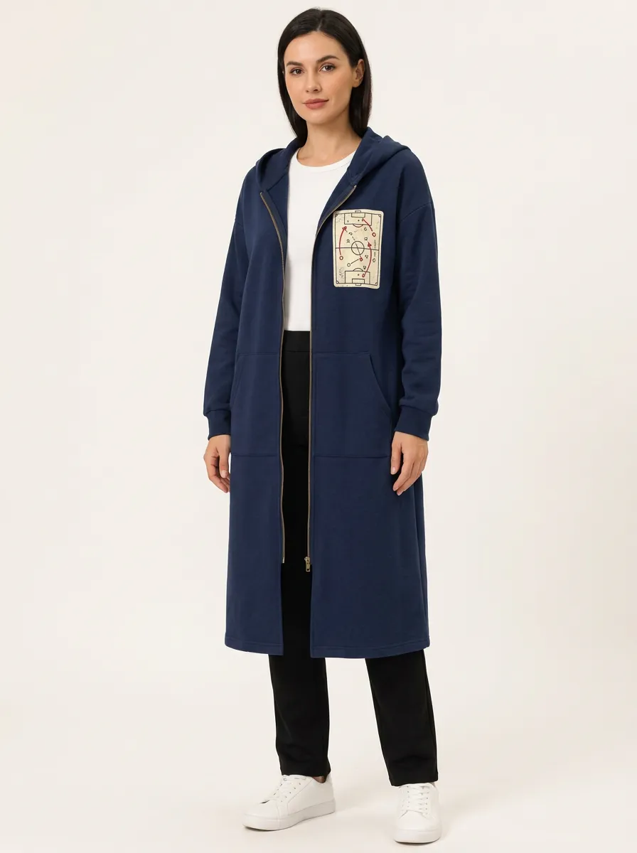 Women's Tactical Play Diagram Graphic-Patch Zip-Up Hooded Long Cardigan