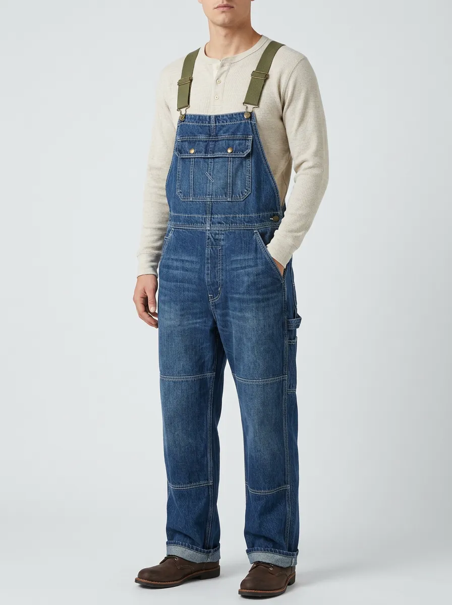 Men's Vintage Style Blue Denim Washed Bib Overalls