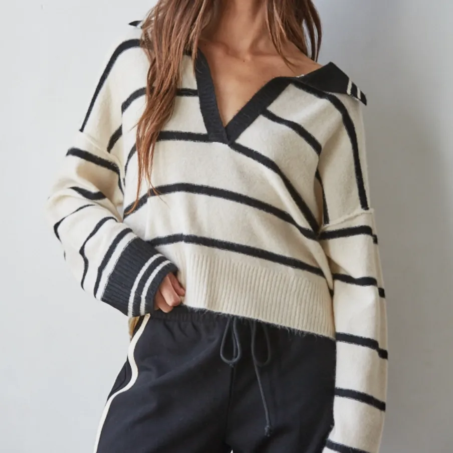 V-Neck Striped Knit Sweater