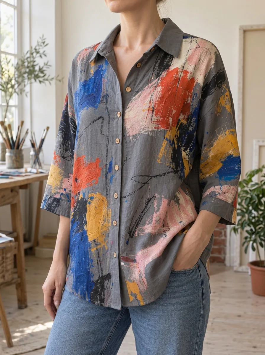 Women's Abstract Art Lover Brushstroke Color Wash Shirt