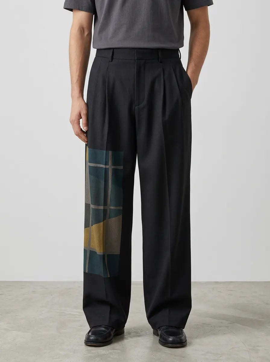 Men's Geometric Plaid Pattern Printed Wide Leg Trousers