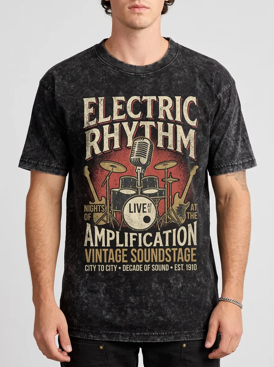 Men's Music Lover Electric Rhythm Drum Guitar Printed T-shirt