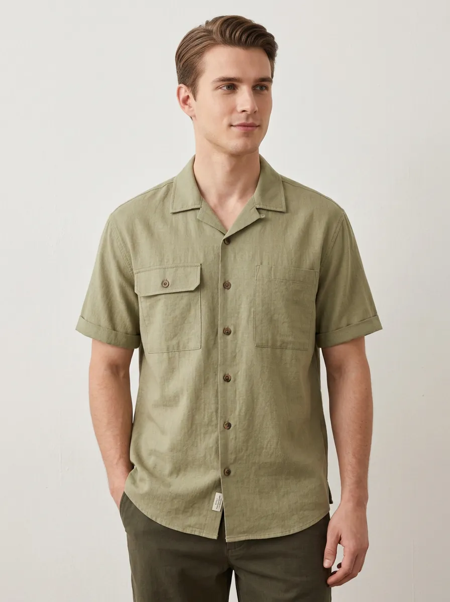 Men's Casual Olive Green Breathable Linen Blend Camp Shirt