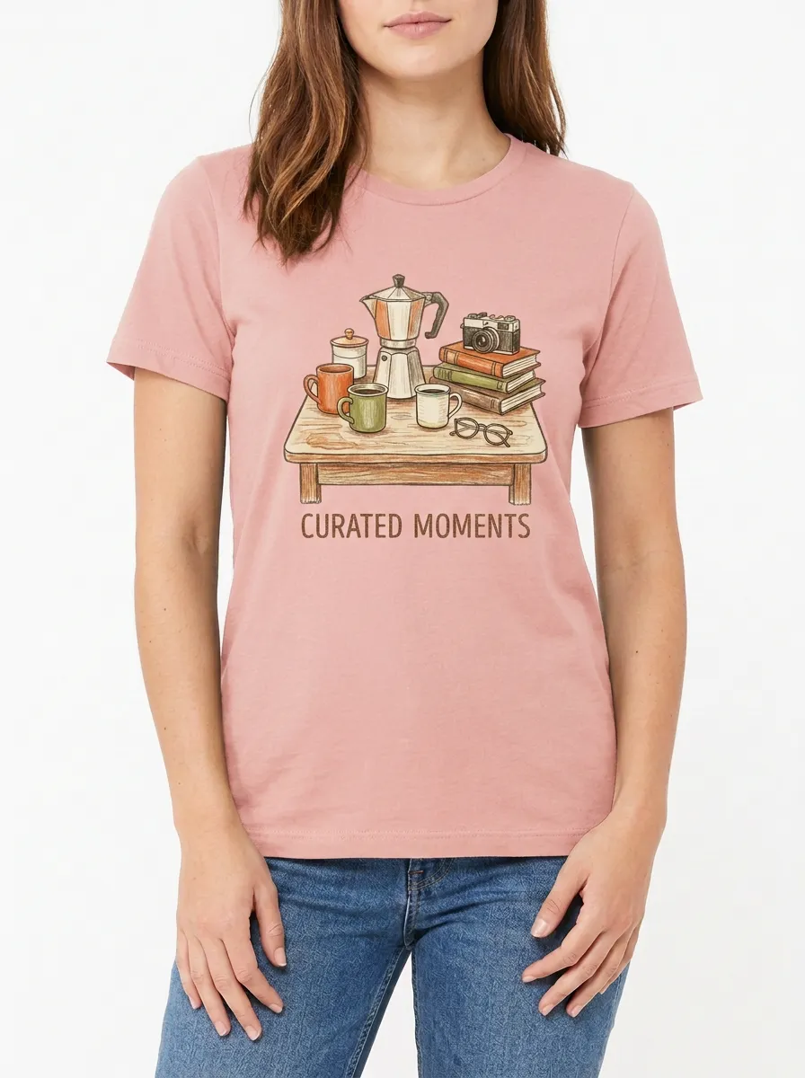 Women's Coffee Book Camera Lover Curated Moments Graphic T-Shirt