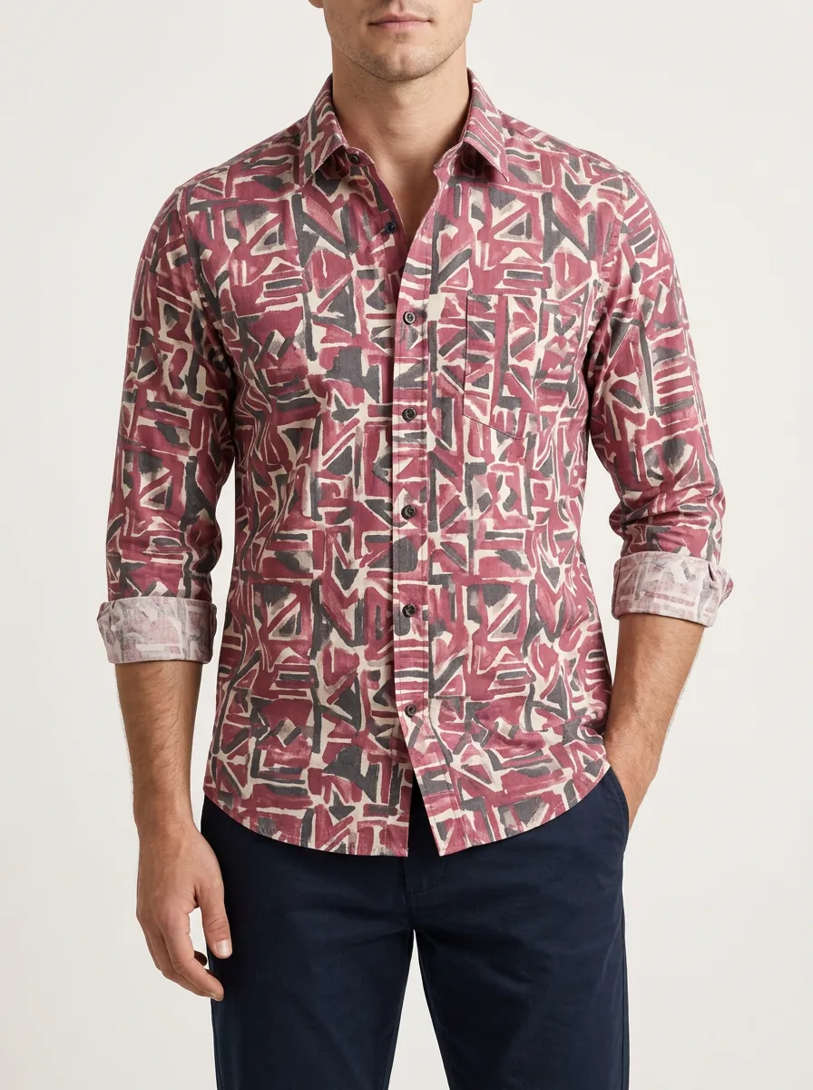 Men's Refined Geometric Abstract Printed Long Sleeve Shirt