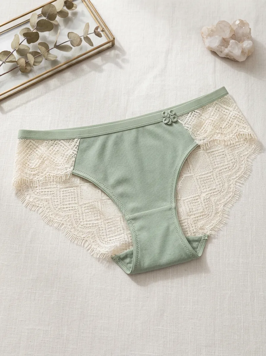 Women's Sage Green Ribbed Lace Trimmed Knotted Panties