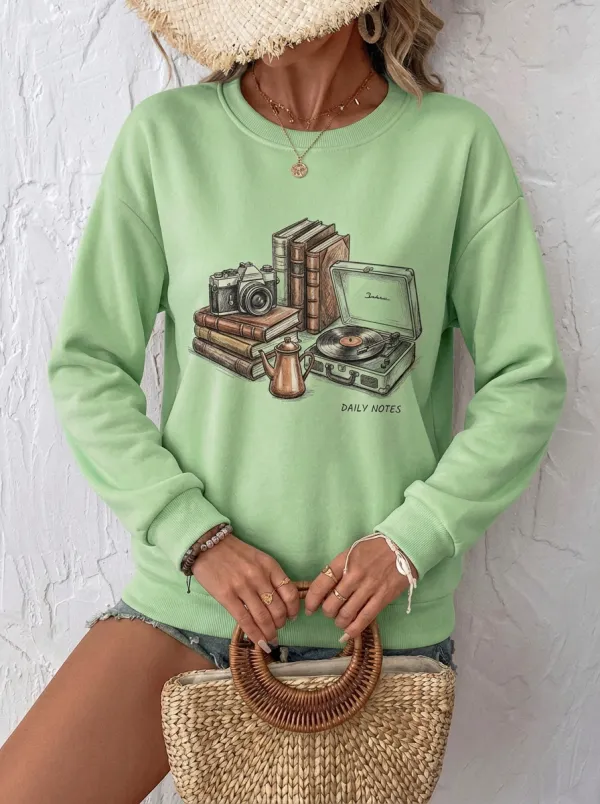 Women's Vintage Book Camera Record Player Printed Sweatshirt