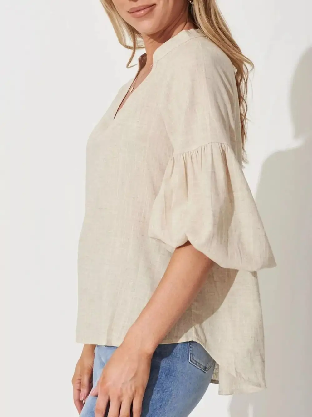 Notched-Neck Balloon-Sleeve Blouse