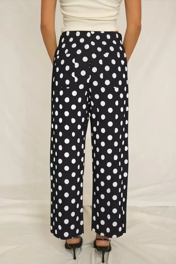 Classic Polka Dot Print Patched Pocket Mid Rise Straight Leg Pants