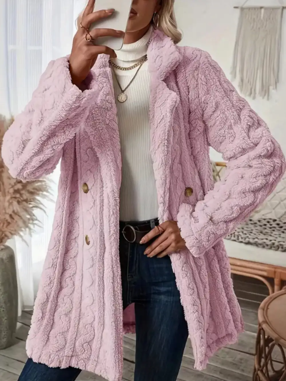 Cozy Faux Shearling Double-breasted Outerwear