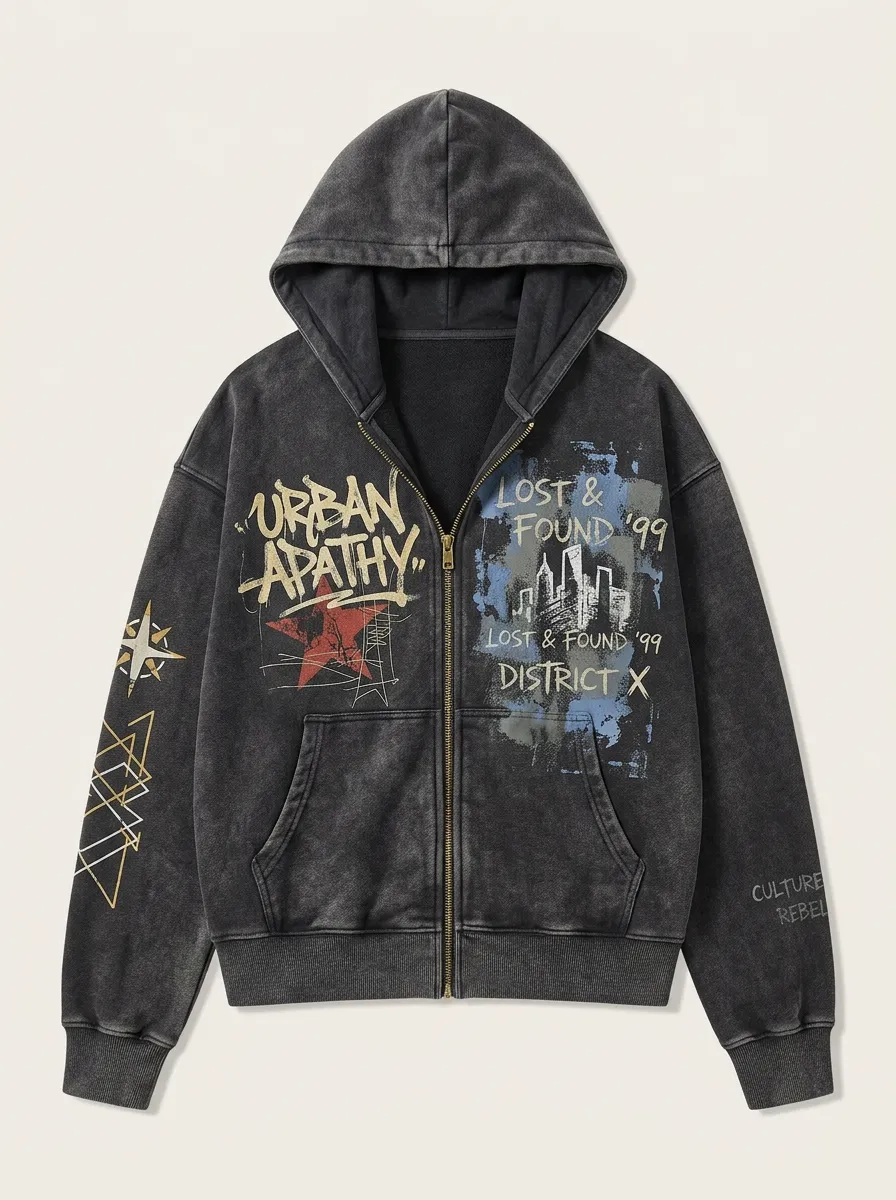 Unisex Streetwear Urban Apathy Graphic Printed Zip-up Hoodie