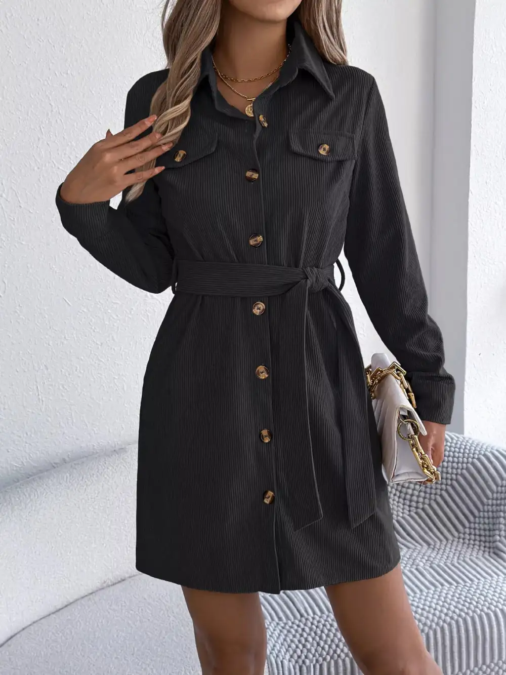 Structured Shape Corduroy Button Front Shirt Dress