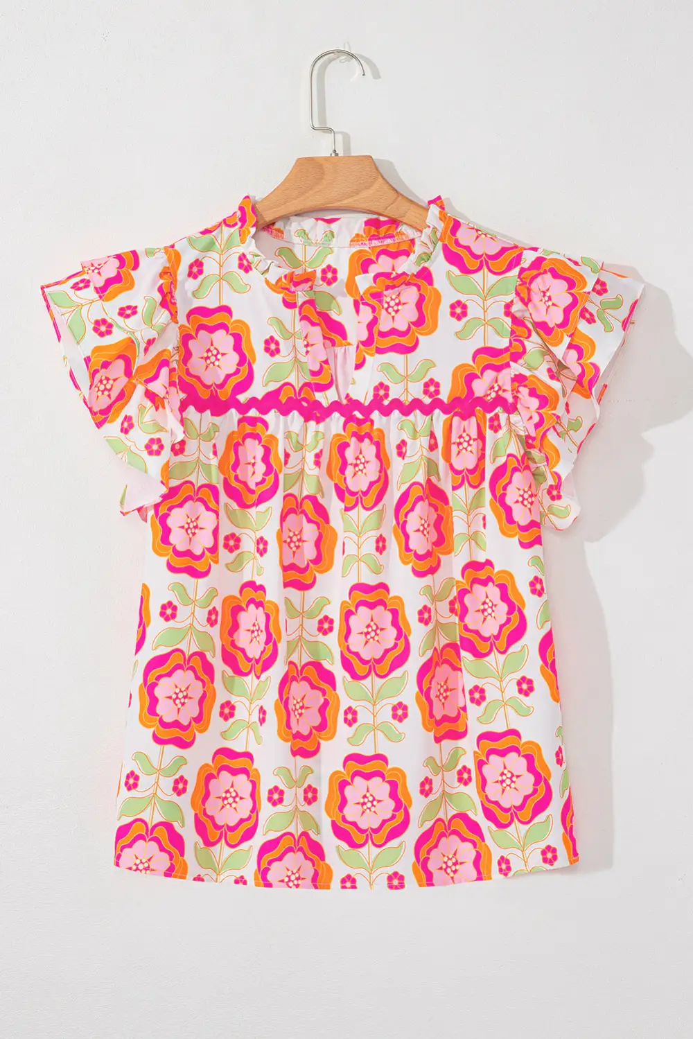 Rose Floral Ruffled Sleeve  Trim Split Neck Loose Blouse