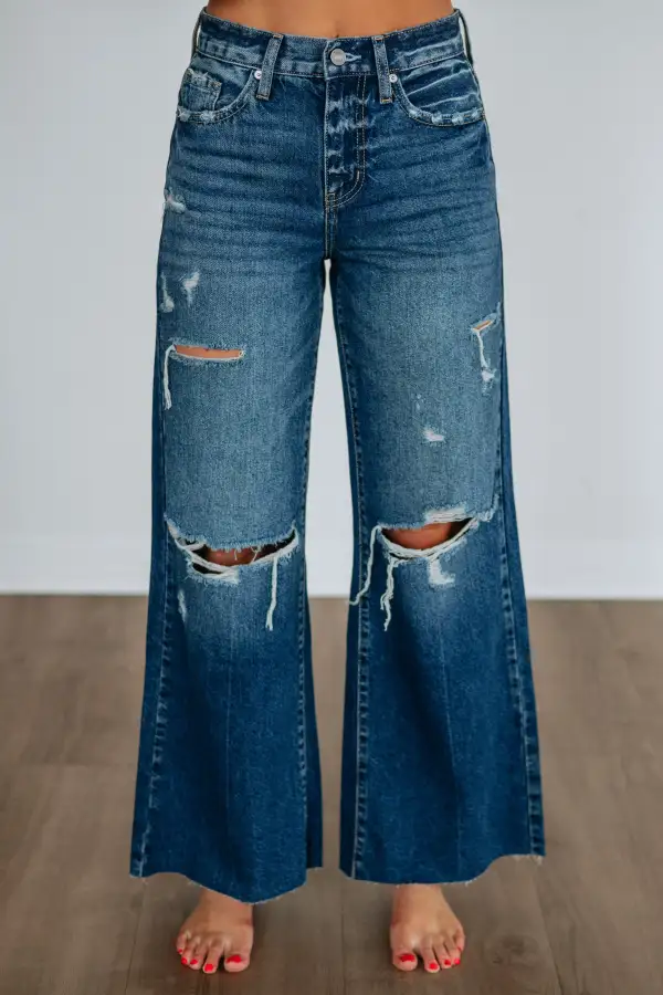 Women's High Rise Wide Leg Distressed Jeans