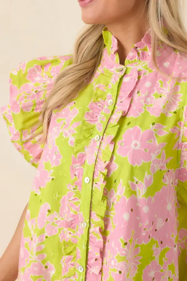 Button-Front Short-Sleeve Flutter-Sleeve Contrast Top