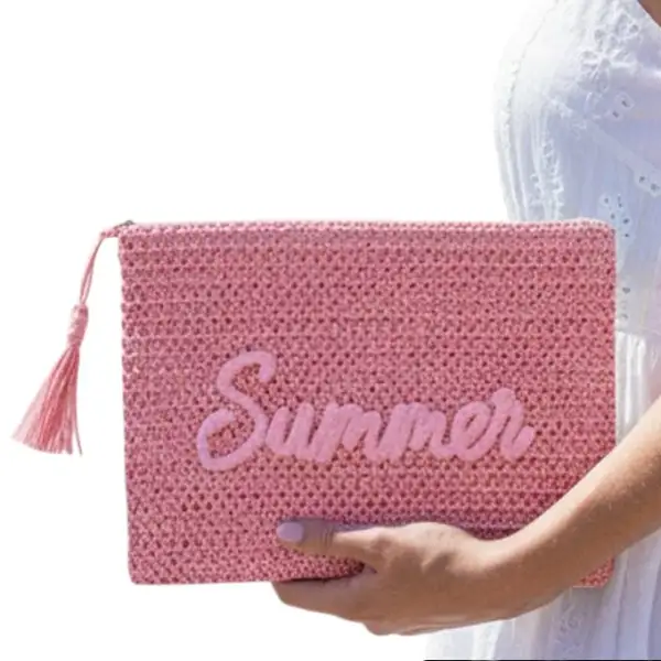 Summer Straw Zip Pouch - Pink
