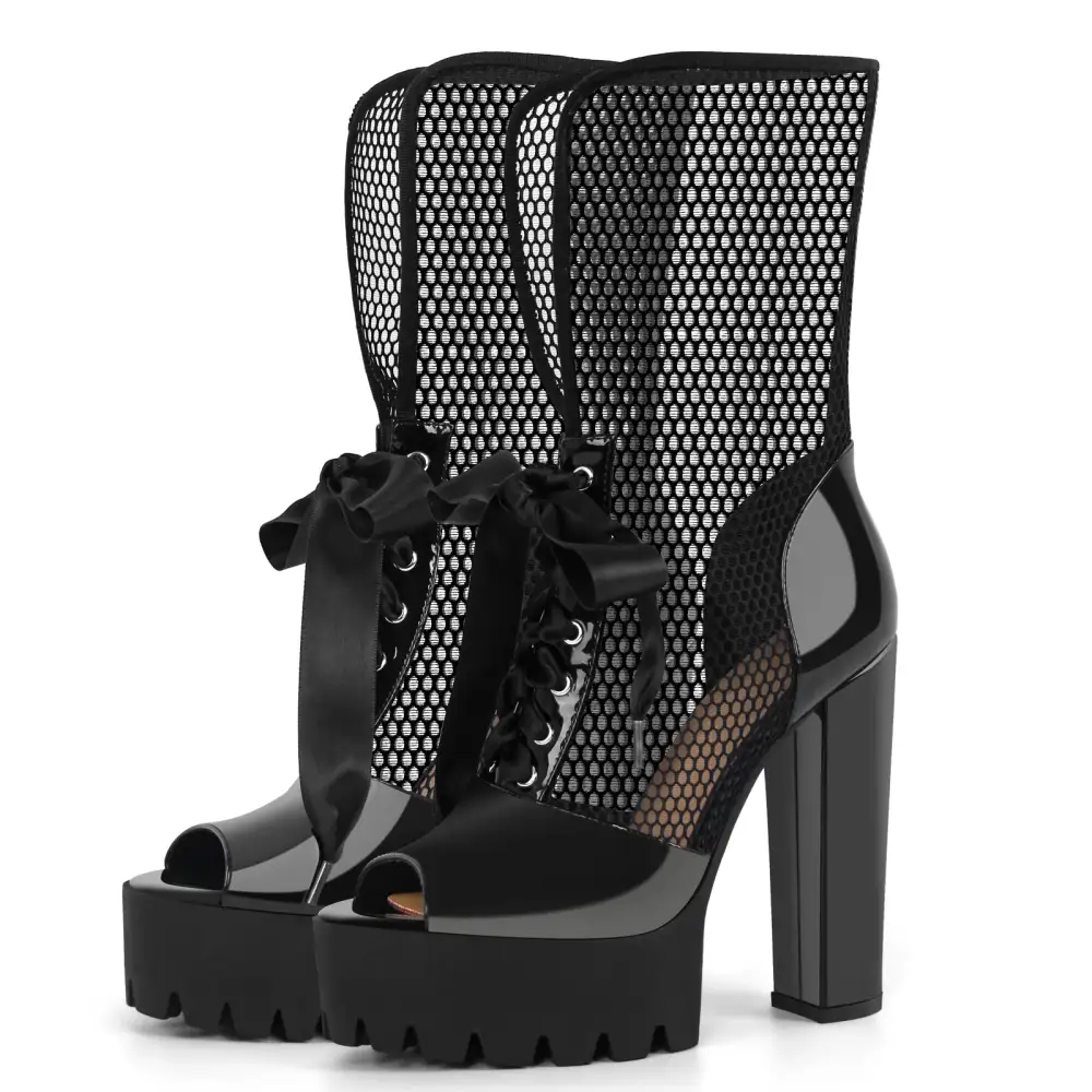 Peep Toe Mesh Platform Lace Up Boot Sandals