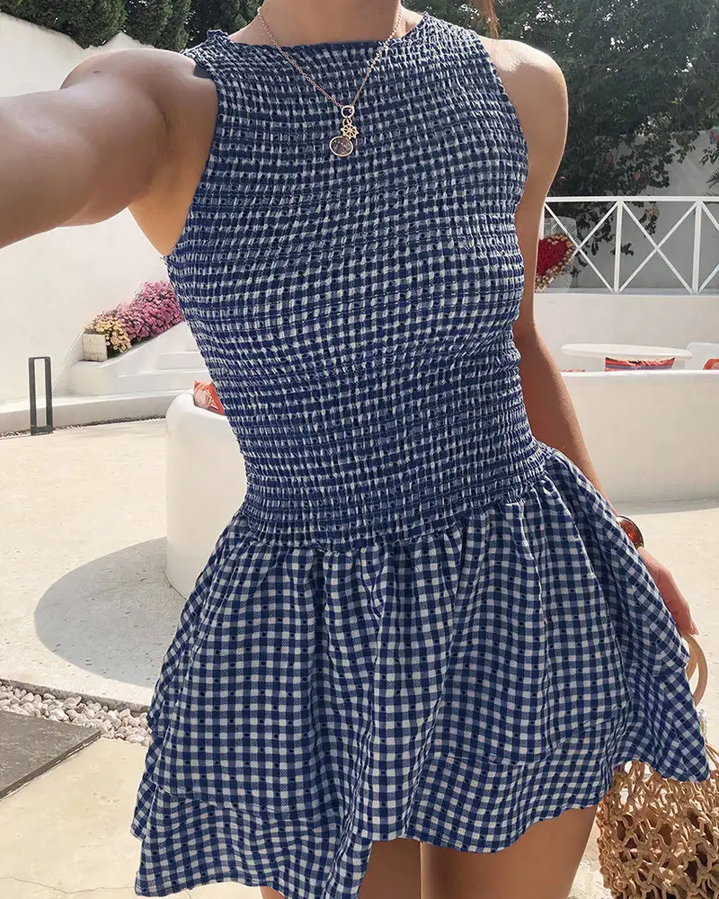 Smocked Gingham Sleeveless Ruffle Mini Dress