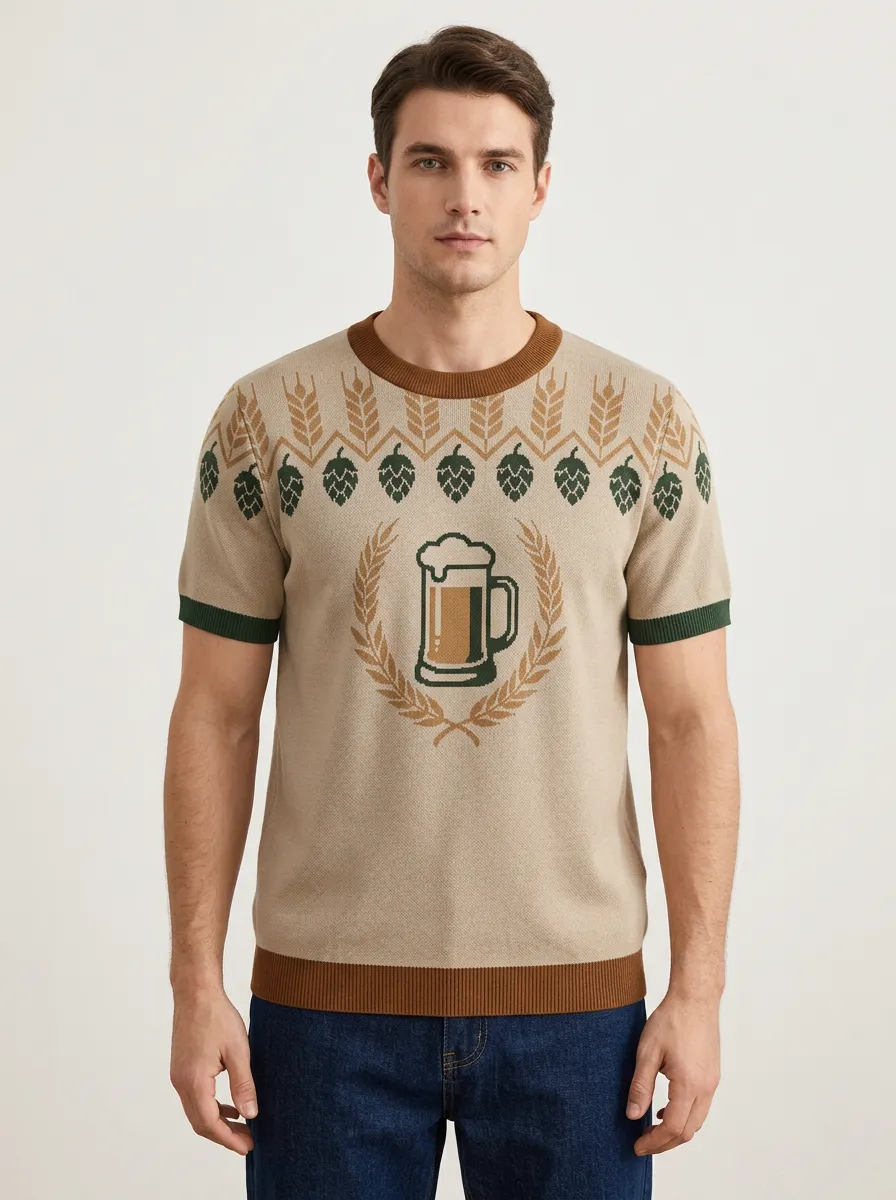 Men's Oktoberfest Beer Lover Hop Wheat Pattern Printed Knit T-shirt