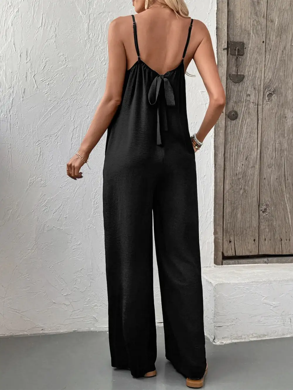 Lace Trim V Neck Wide Leg Jumpsuit