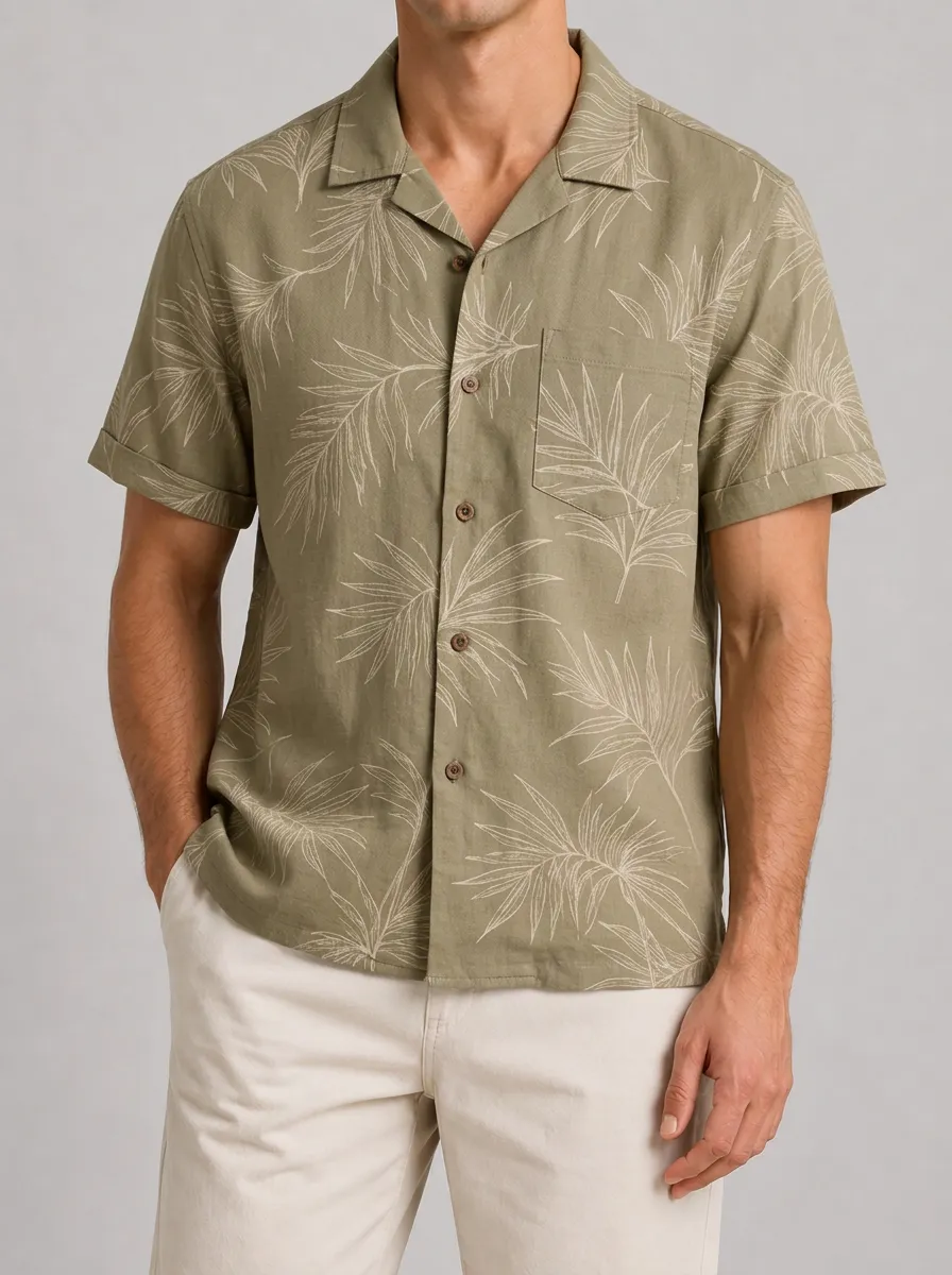 Men's Tropical Summer Olive Palm Leaf Printed Short Sleeve Shirt