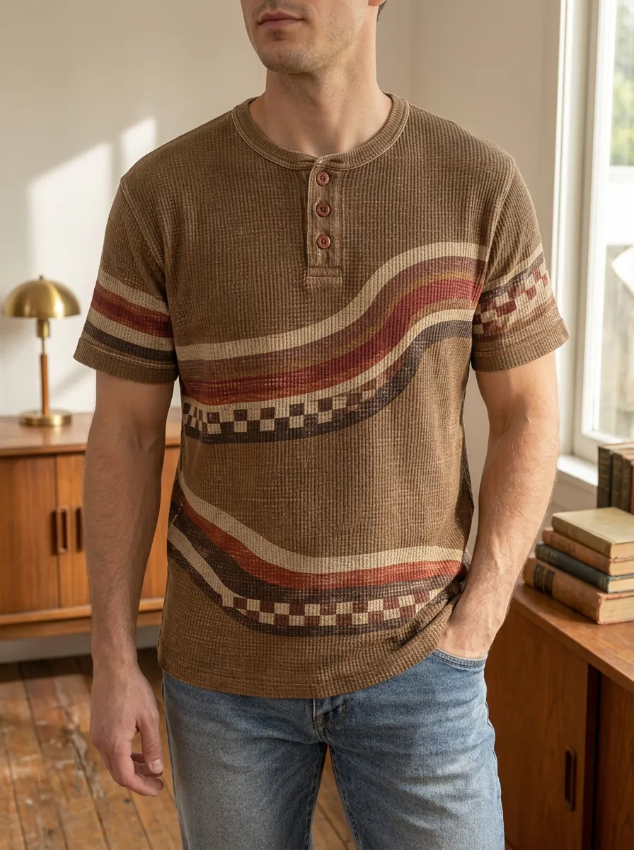 Men's Casual Vintage Retro Waffle Knit Striped Checkerboard Henley T-Shirt