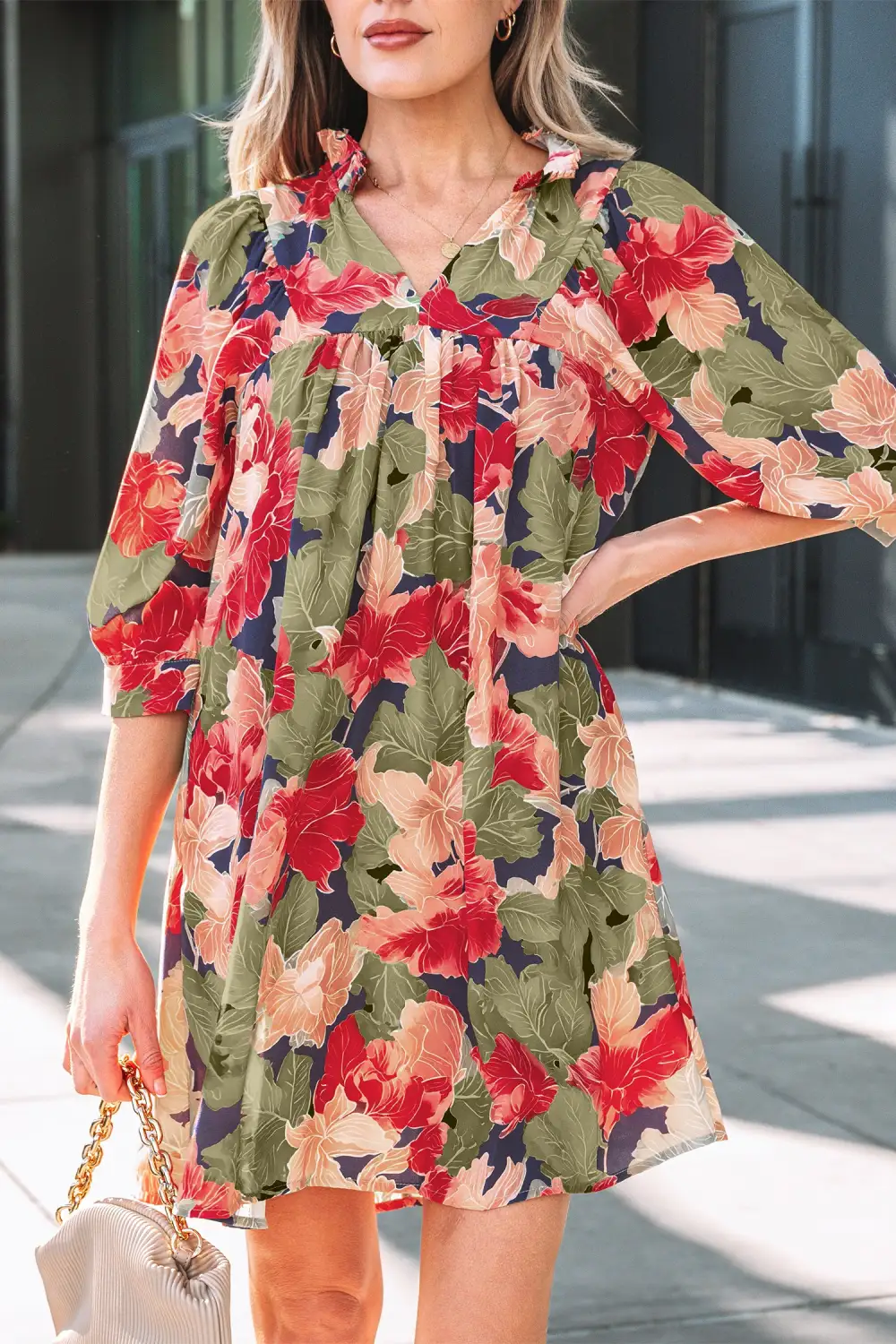 Drape Floral Printed V Neck Mini Dress