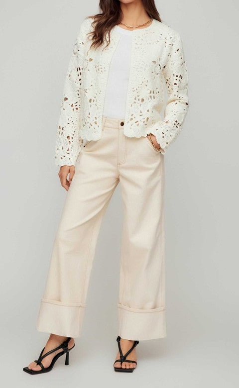 White Crochet Open Front Blouse