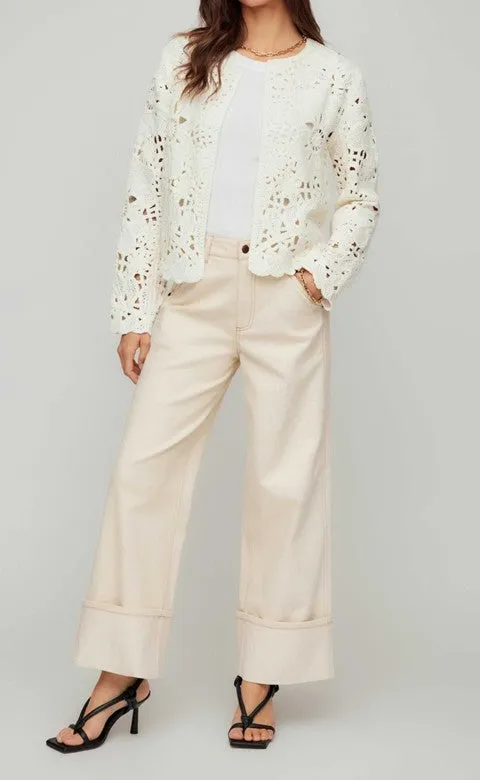 White Crochet Open Front Blouse