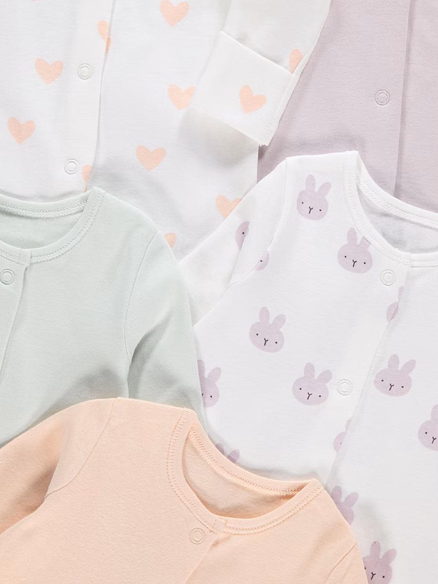Pastel Heart Bunny Sleepsuits 5 Pack detail 1