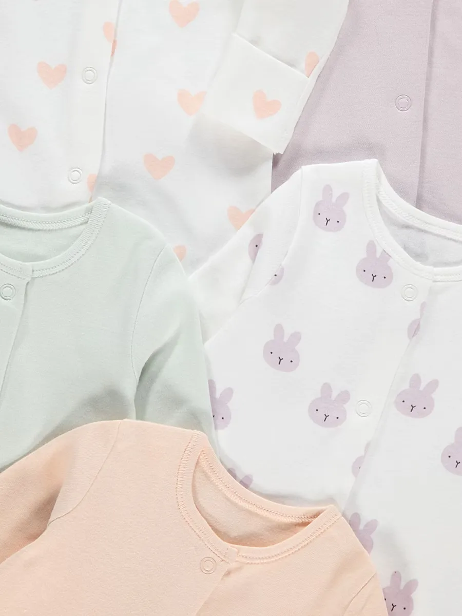 Pastel Heart Bunny Sleepsuits 5 Pack
