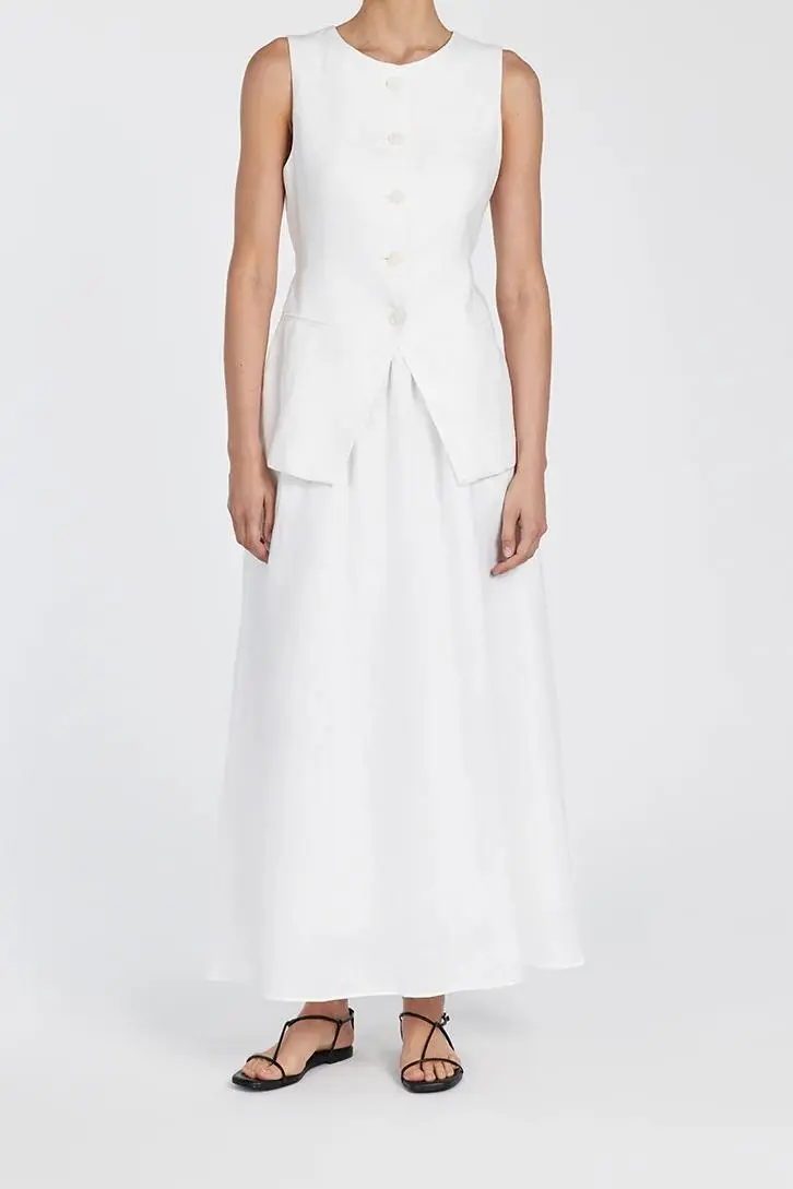 WHITE LINEN MIDI SKIRT