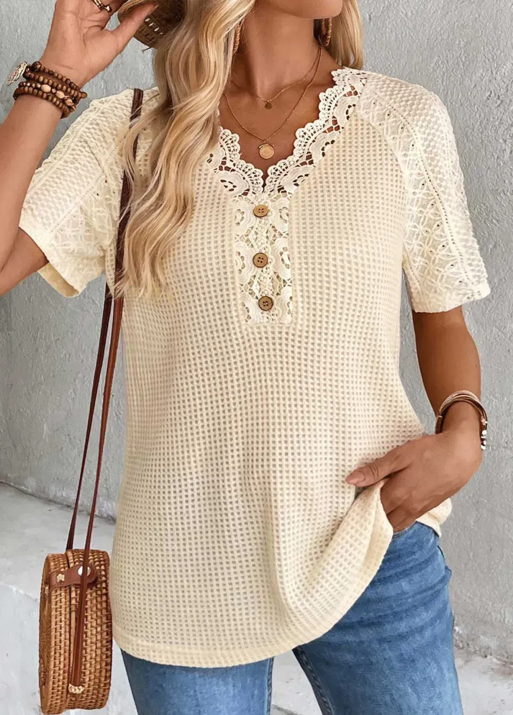 Light Camel Short Sleeve V Neck T Shirt