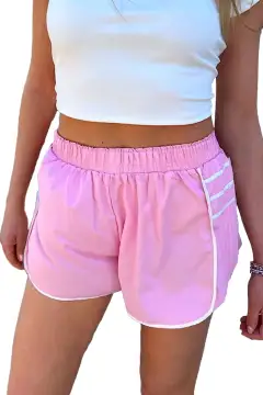 Elastic-Waist Contrast Trim Pleated Casual Active Shorts