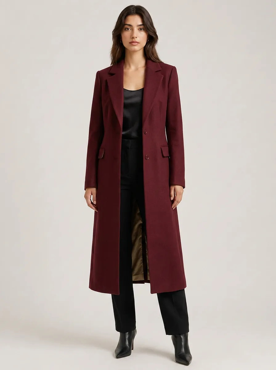 Women's Burgundy Solid Color Longline Wool Blend Overcoat