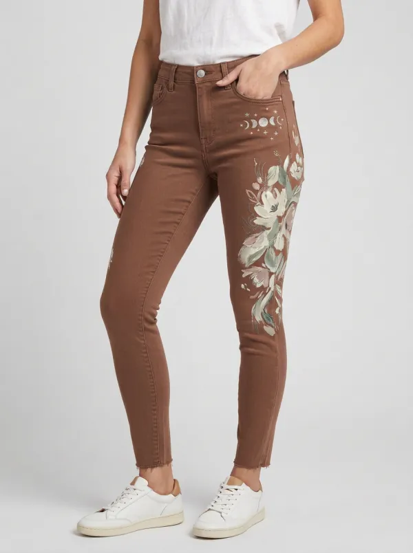 Women's Celestial Floral Moon Phase Printed Slim Jeans