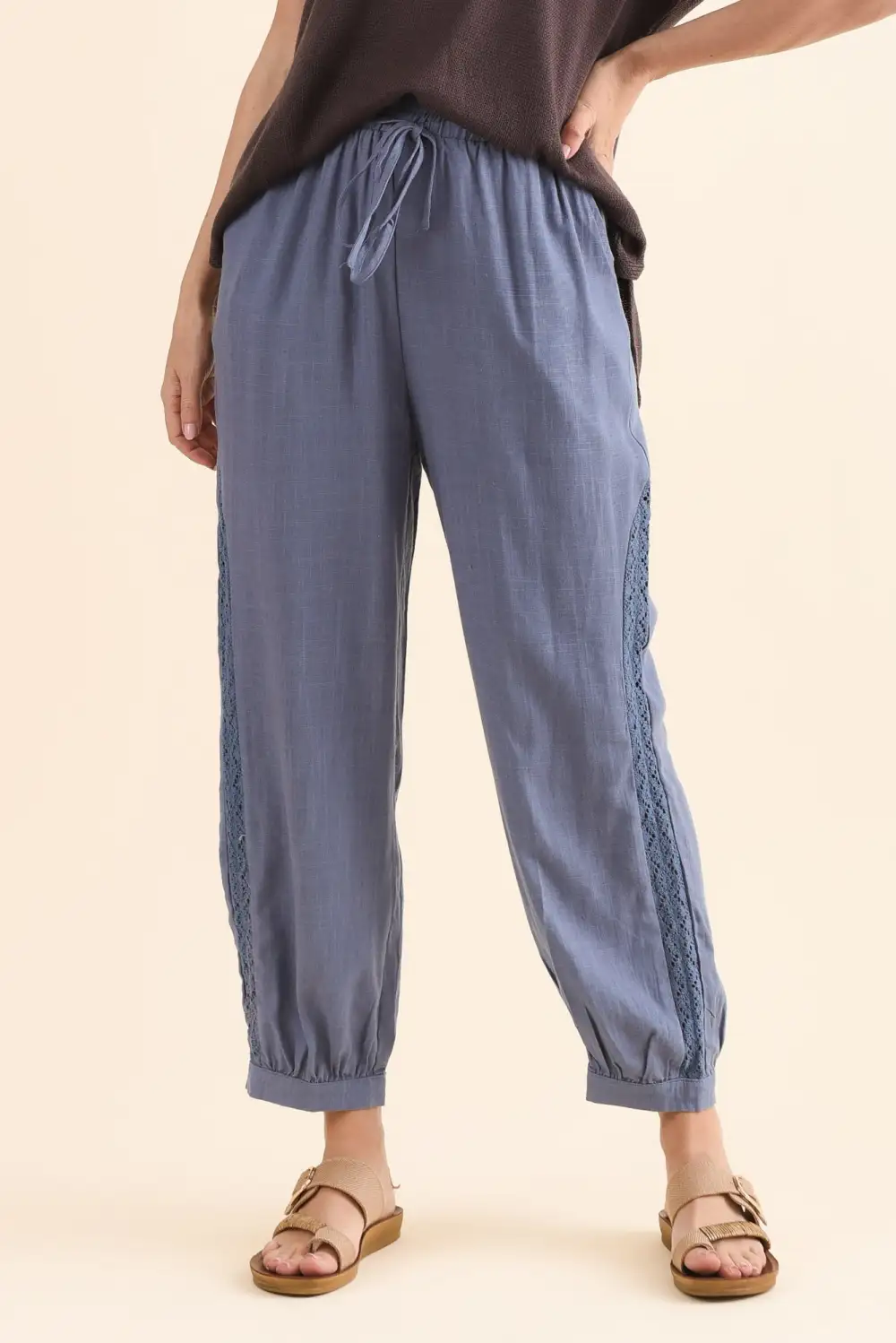 Linen Blend Mid Rise Drawstring Pants