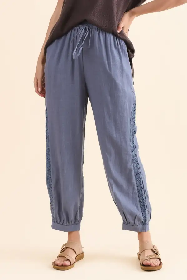 Linen Blend Mid Rise Drawstring Pants
