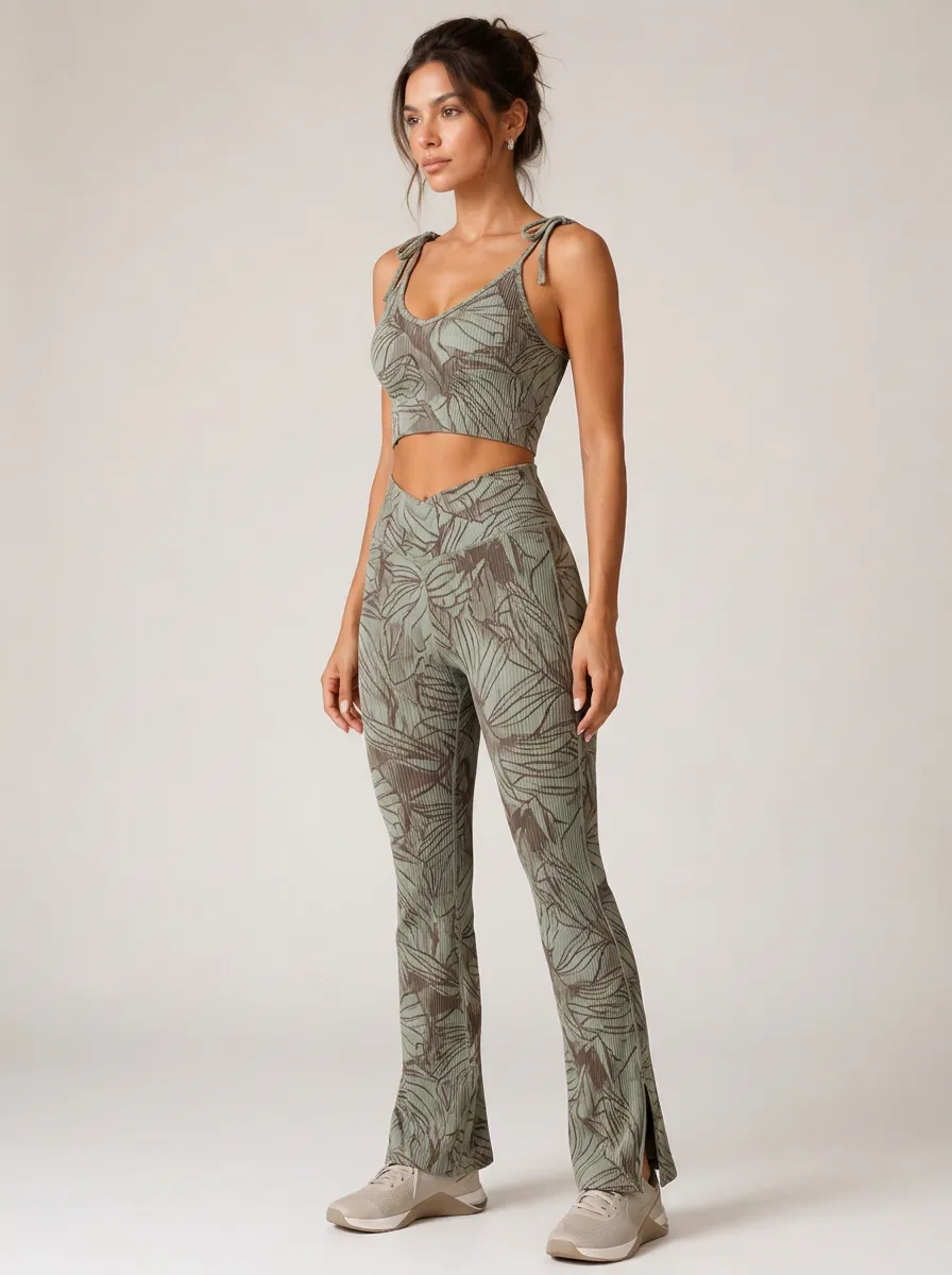 Women's Yoga Fitness Tropical Leaf Printed Ribbed Workout Set