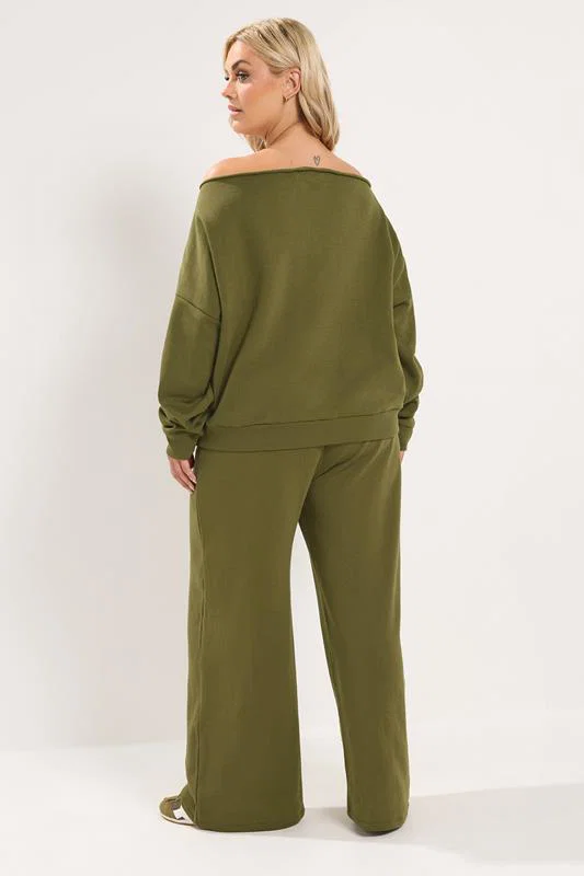 Olive Green Off Shoulder Sweatshirt & Jogger Wide Leg Set detail 1