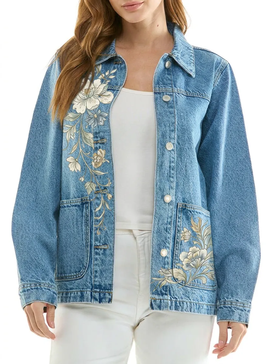 Women's Vintage Floral Botanical Printed Denim Jacket