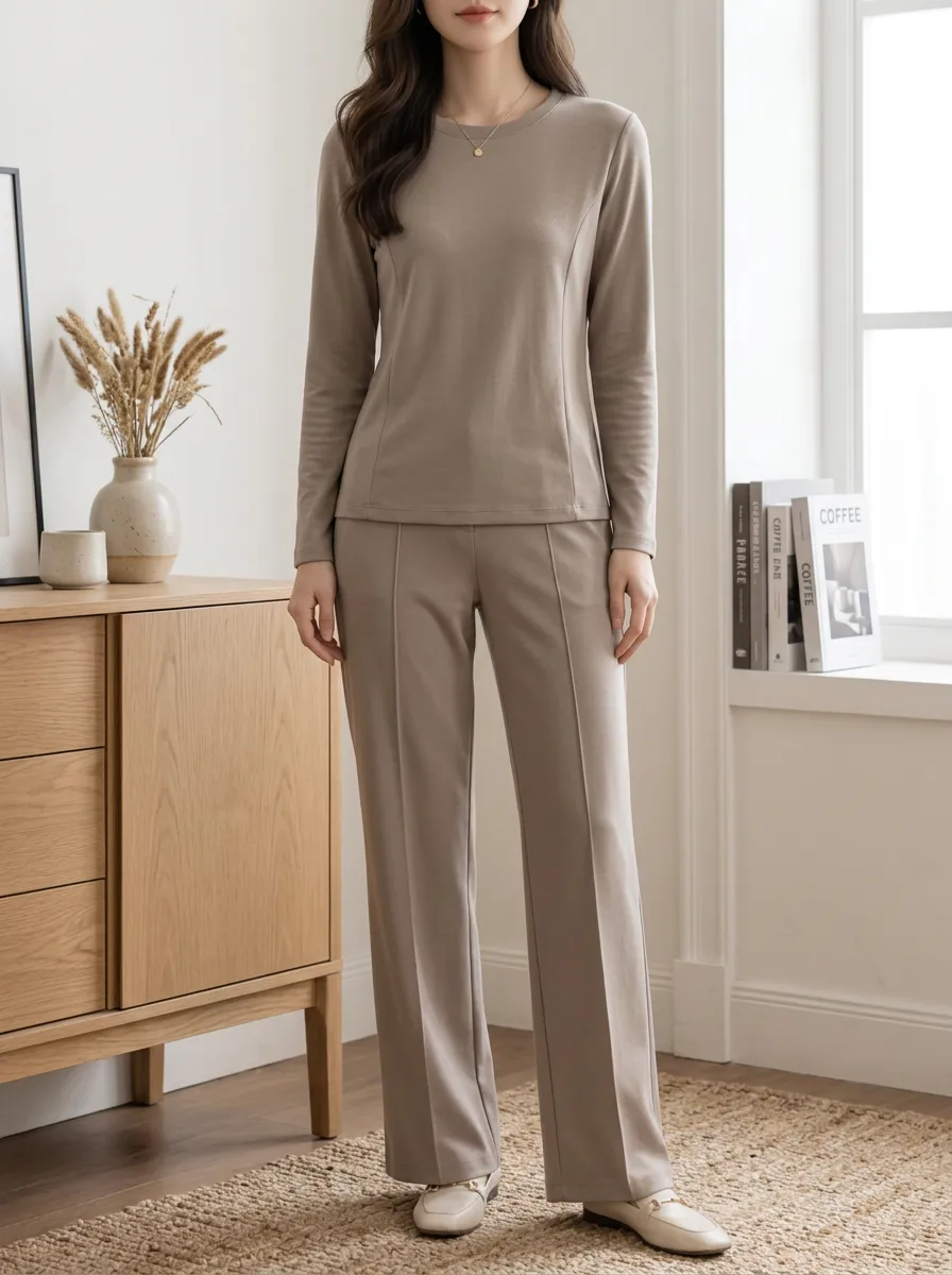 Women's Minimalist Beige Long Sleeve Crewneck Lounge Set