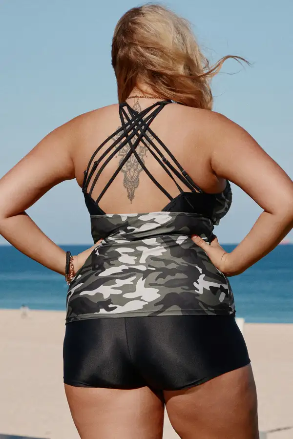 Swimwear Camouflage Print Back Criss Cross Tankini Set