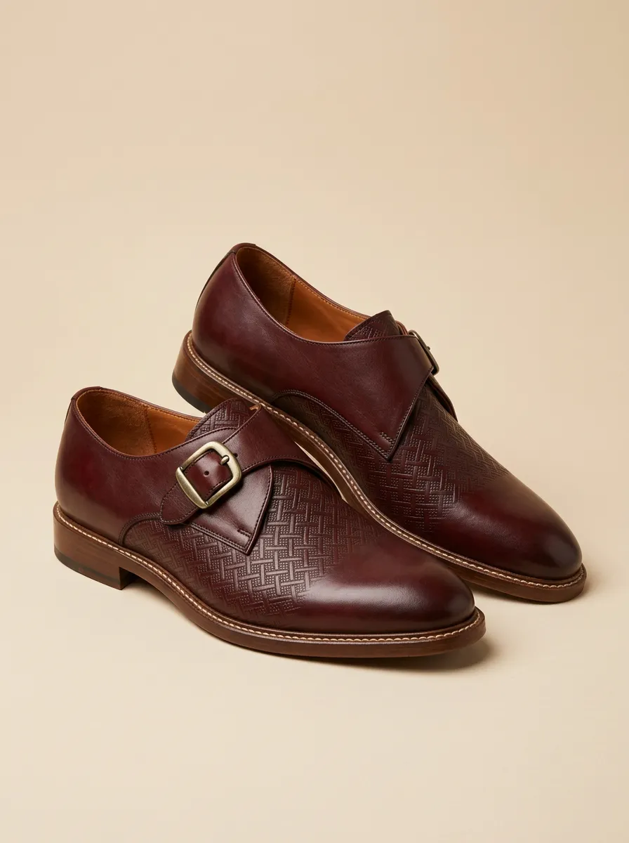 Men's Business Formal Woven Pattern Embossed Leather Monk Shoes