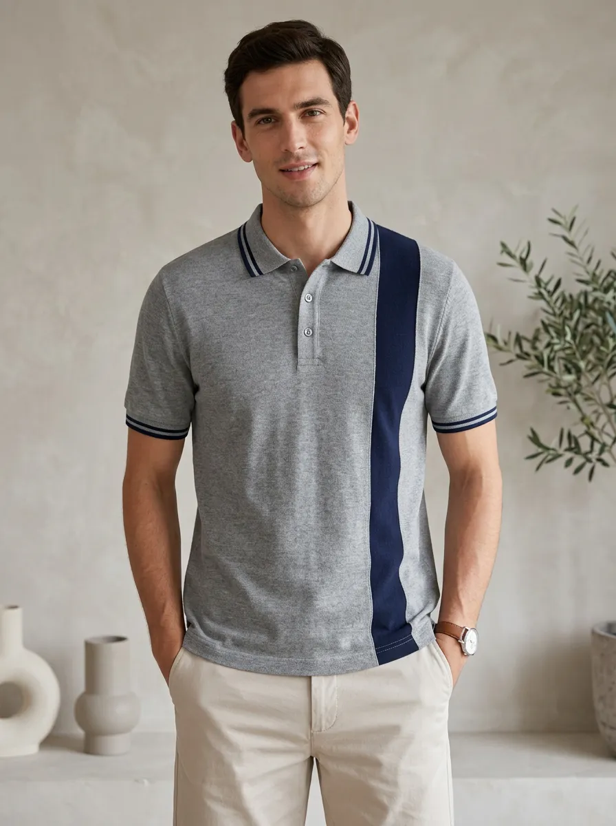 Men's Casual Grey Navy Vertical Stripe Polo Shirt
