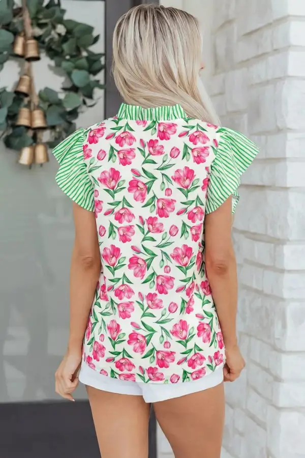 Floral Print Striped Ruffle Trim V-Neck Blouse