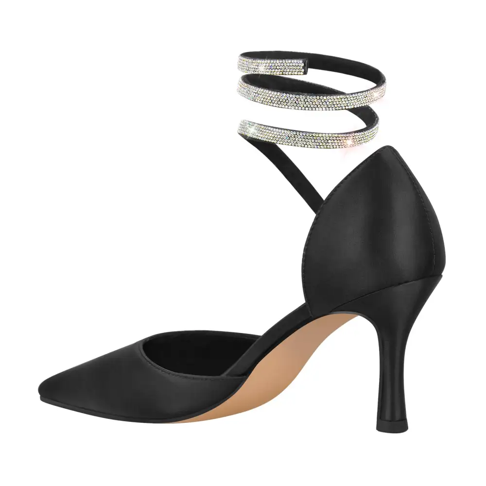 Rhinestone Pointed Toe Chunky Heel Lace Up Pumps